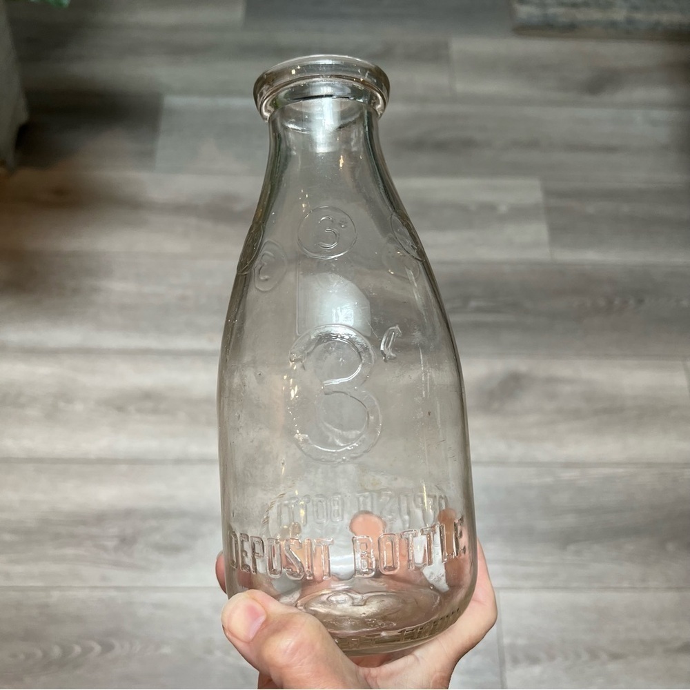 Vintage 3 Cent Deposit Milk Glass Bottle Duraglas 1 Quart Clear  8.5” Farmhouse